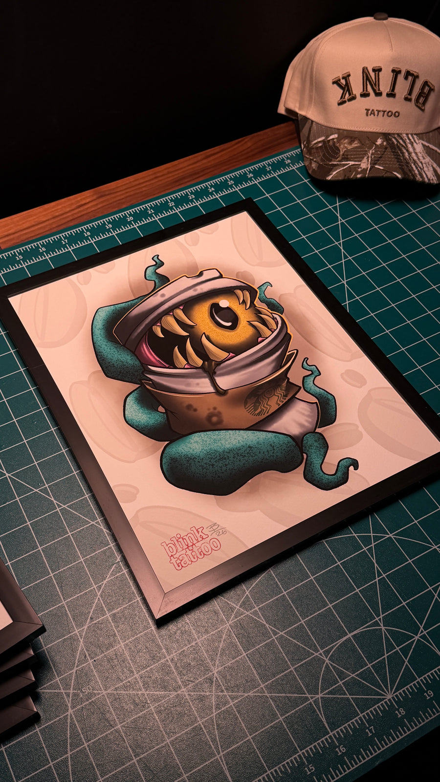 Caffeinated Mimic art print showing the complete coffee monster artwork