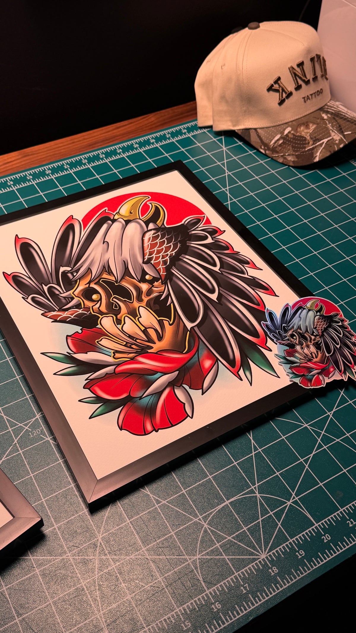 Eagle skull floral art print full view